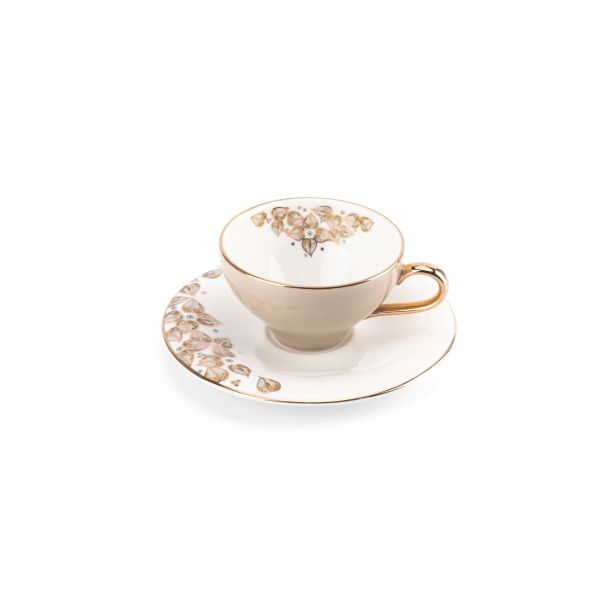 6cup 6 saucer 80CC - white saucer beige cup+gold   