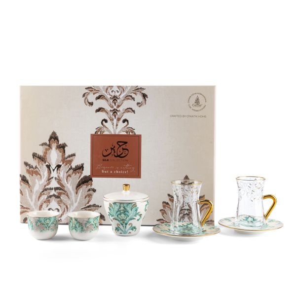 طقم الشاي والقهوة العربية 19 قطعة من حرير - اخضر